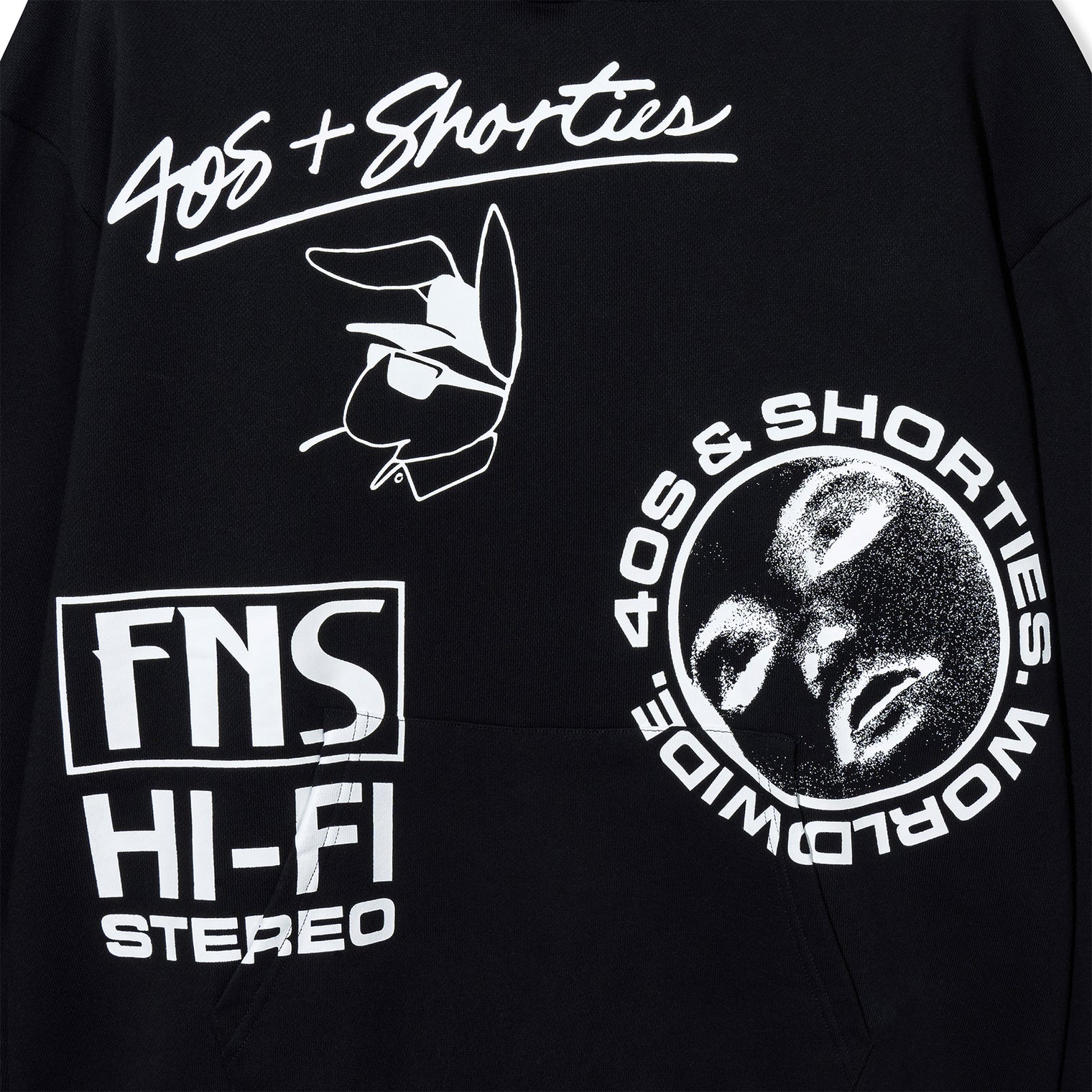 Close-up of front print details on black Layout Hoodie featuring illustrated hand sign and circular mask graphic.
