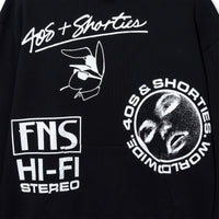 Close-up of front print details on black Layout Hoodie featuring illustrated hand sign and circular mask graphic.
