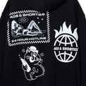 Close-up of back print artwork on black hoodie with hotline ad, fire globe logo, and cat holding a bottle.
