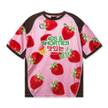 Front view of the Gummy Soccer Jersey in Pink with all-over strawberry print and 40s & Shorties logo
