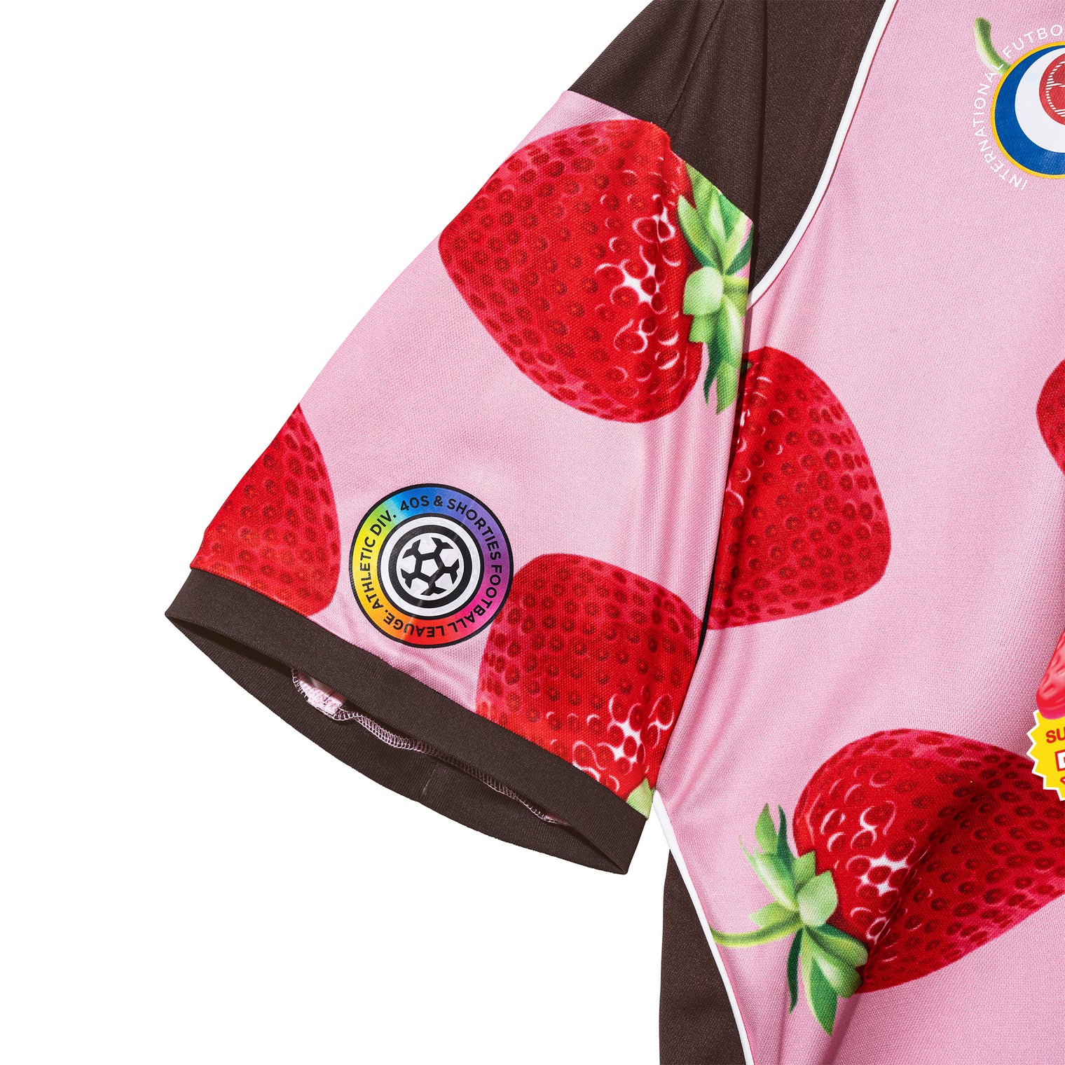Detail of the sleeve featuring fruit-themed prints and heat transfer graphics

