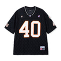 Front view of the Crochet Football Jersey in Black with tackle-twill “40”
