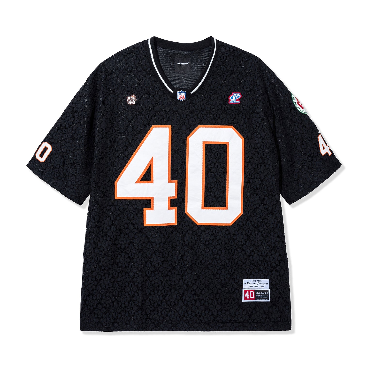 Front view of the Crochet Football Jersey in Black with tackle-twill “40”
