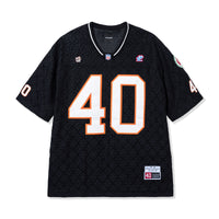 Front view of the Crochet Football Jersey in Black with tackle-twill “40”
