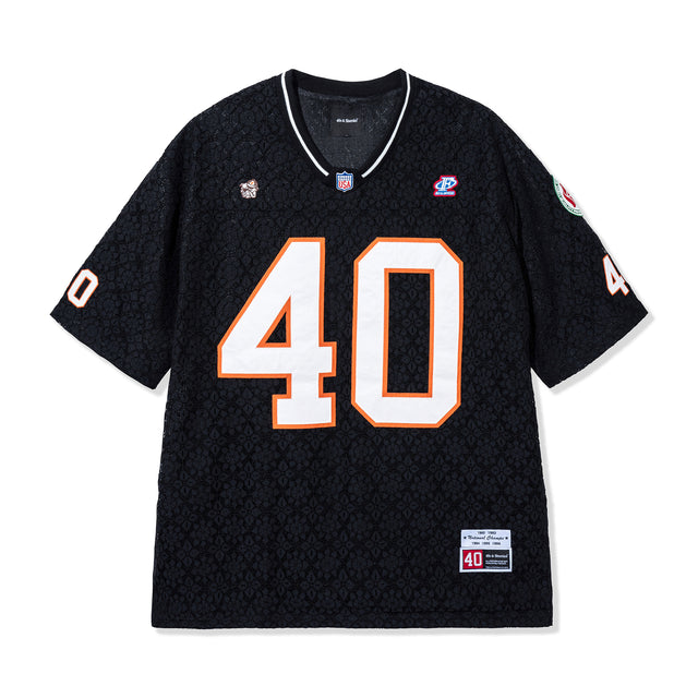 Front view of the Crochet Football Jersey in Black with tackle-twill “40”
