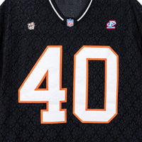 Close-up of the front chest detail on the Crochet Football Jersey in Black
