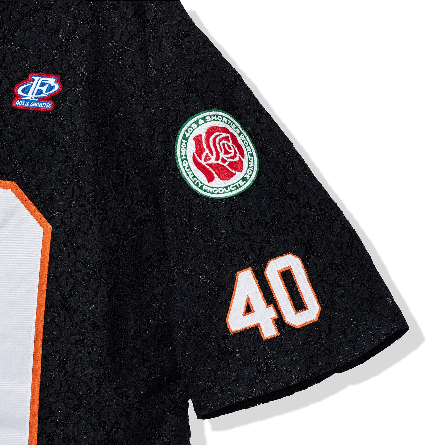 Right sleeve detail with rose embroidery and tackle-twill “40”
