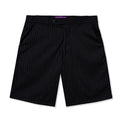 Front view of black pinstripe shorts by 40s & Shorties featuring side pockets and a tailored fit
