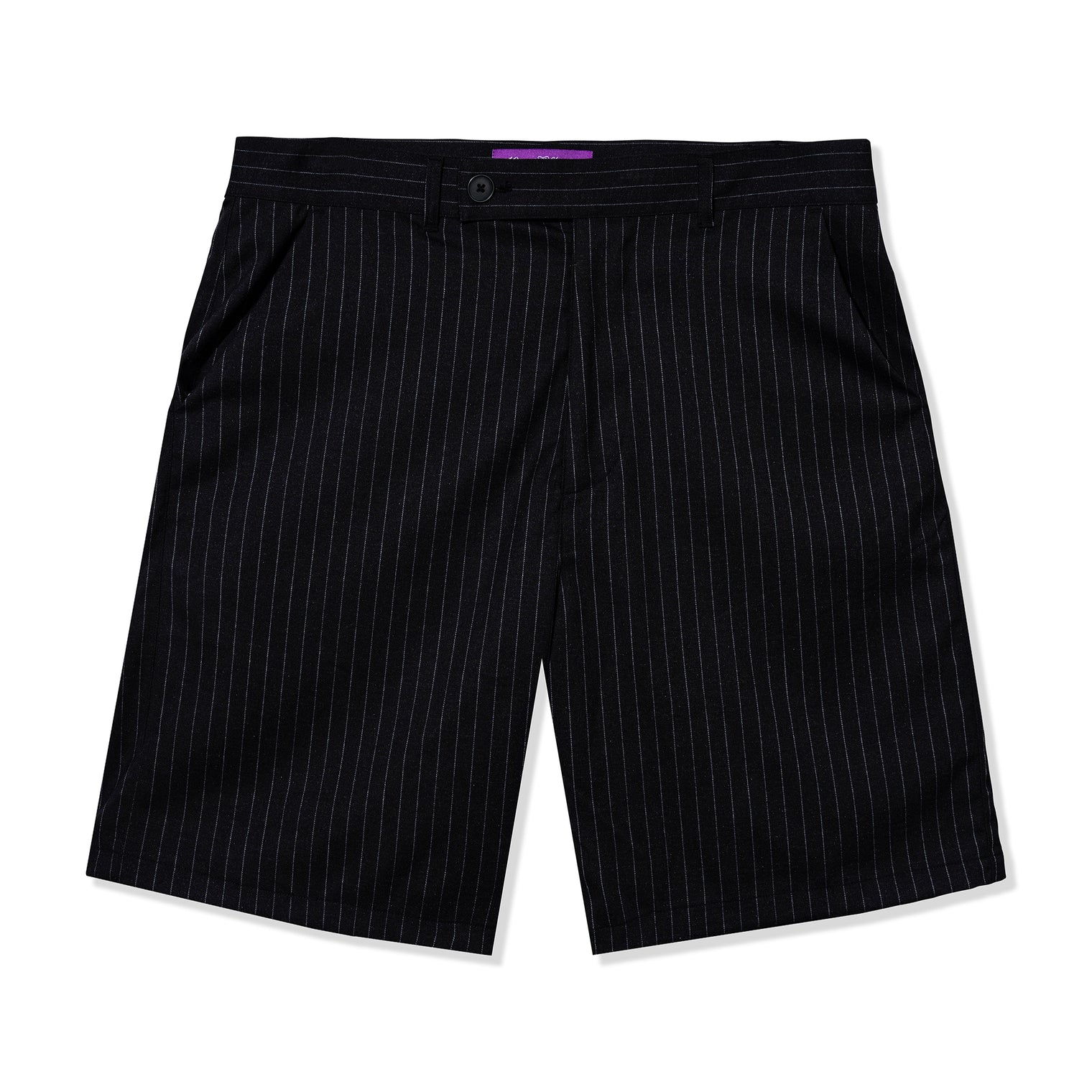 Front view of black pinstripe shorts by 40s & Shorties featuring side pockets and a tailored fit
