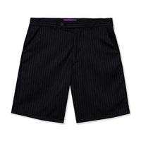 Front view of black pinstripe shorts by 40s & Shorties featuring side pockets and a tailored fit

