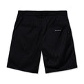 Back view of black pinstripe shorts with welt pockets and 40s & Shorties woven label above the pocket
