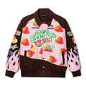 Front view of the Gummy Race Jacket in pink with all-over strawberry print and 40s & Shorties embroidery