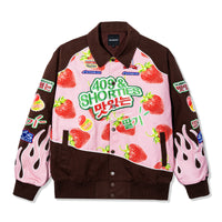Front view of the Gummy Race Jacket in pink with all-over strawberry print and 40s & Shorties embroidery