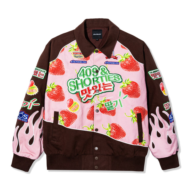 Front view of the Gummy Race Jacket in pink with all-over strawberry print and 40s & Shorties embroidery