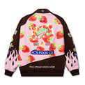Back view of the Gummy Race Jacket with large strawberry-themed patch and 40s Food Co. embroidery