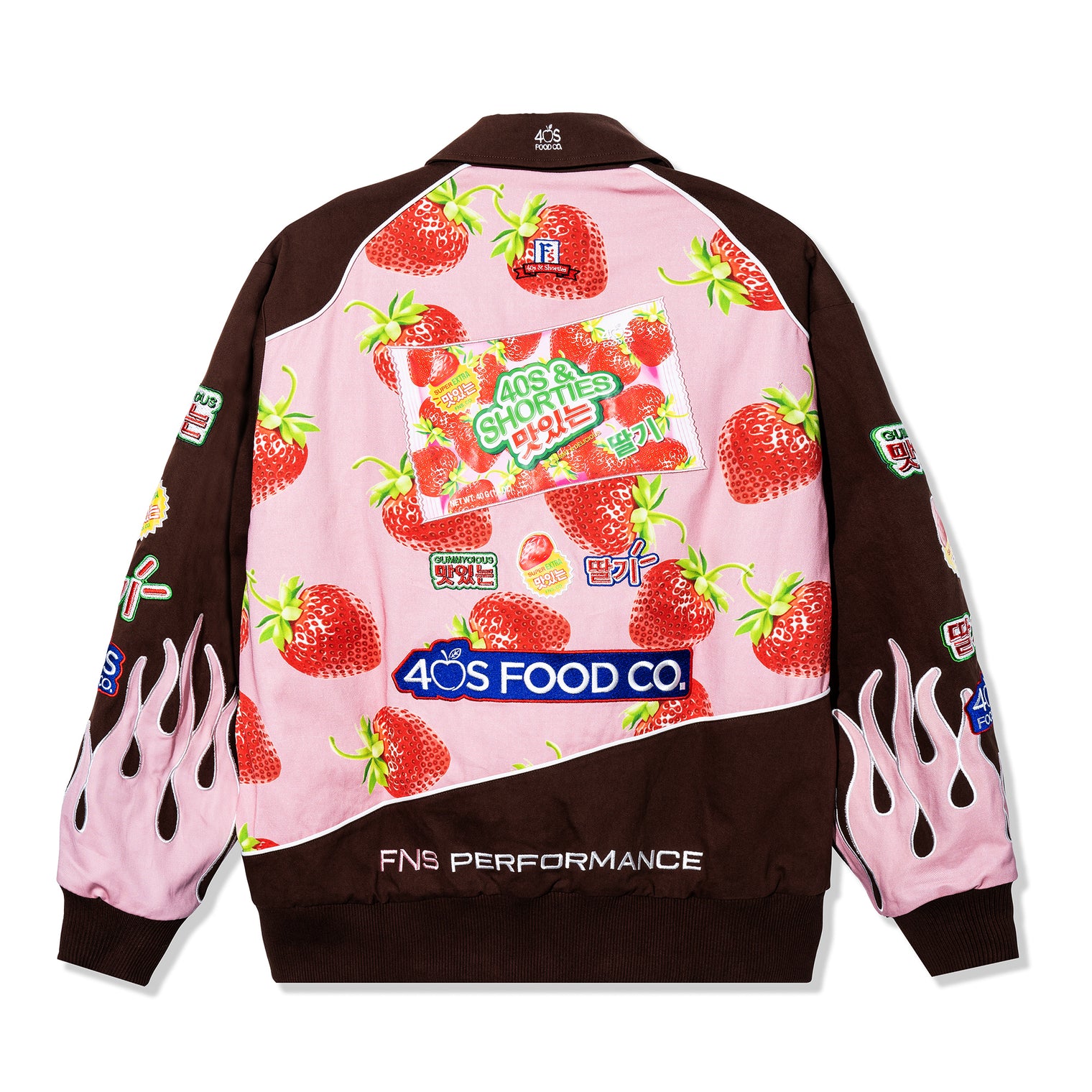 Back view of the Gummy Race Jacket with large strawberry-themed patch and 40s Food Co. embroidery