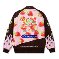 Back view of the Gummy Race Jacket with large strawberry-themed patch and 40s Food Co. embroidery