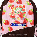 Close-up of back panel on Gummy Race Jacket showing 40s & Shorties strawberry graphic patch and detailed embroidery including 40s Food Co. and Korean text