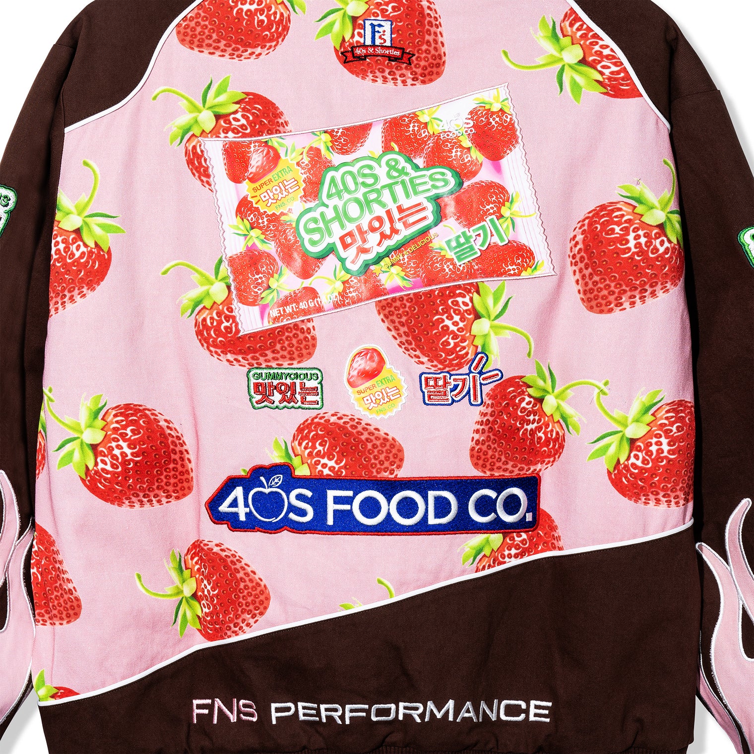 Close-up of back panel on Gummy Race Jacket showing 40s & Shorties strawberry graphic patch and detailed embroidery including 40s Food Co. and Korean text