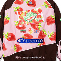 Close-up of back panel on Gummy Race Jacket showing 40s & Shorties strawberry graphic patch and detailed embroidery including 40s Food Co. and Korean text