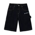 Front view of Standard Carpenter Shorts in black raw denim with gold stitching and 40s & Shorties embroidery on pocket
