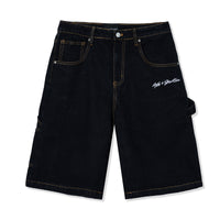 Front view of Standard Carpenter Shorts in black raw denim with gold stitching and 40s & Shorties embroidery on pocket