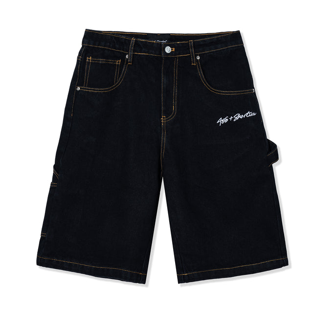 Front view of Standard Carpenter Shorts in black raw denim with gold stitching and 40s & Shorties embroidery on pocket