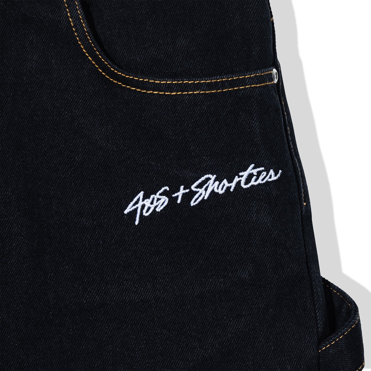 Close-up of front embroidery detail on Standard Carpenter Shorts reading ‘40s & Shorties