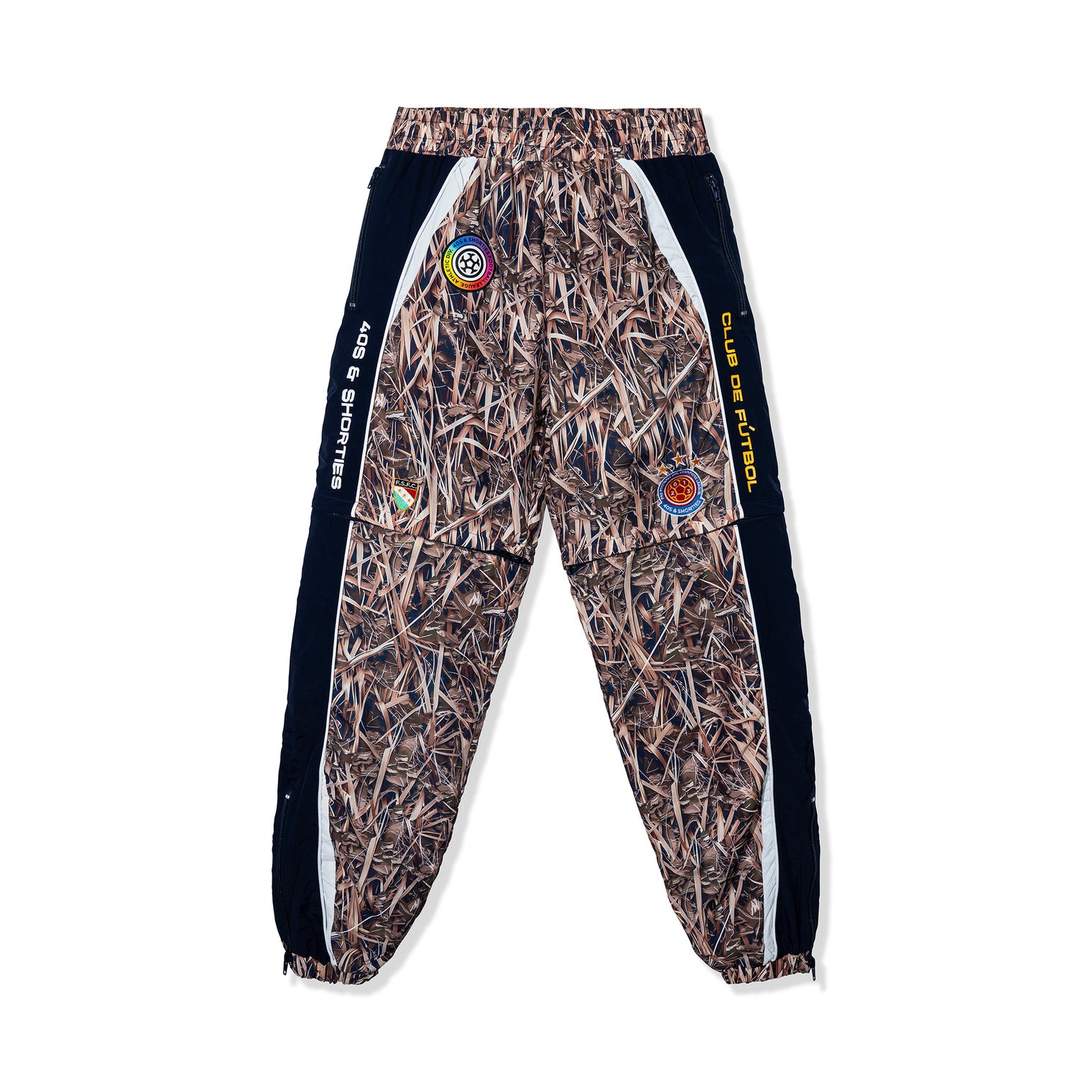 Reed Camo Track Pants full front view with sublimated print and patch detailing
