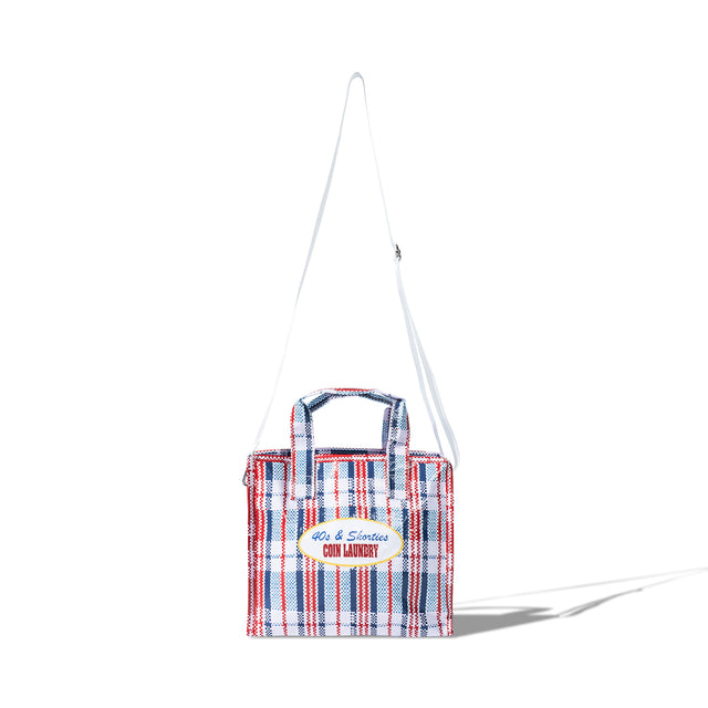 Front view of the Mini Laundry Bag in red, white, and blue plaid with 40s & Shorties Coin Laundry patch
