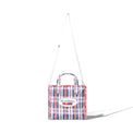 Back view of the Mini Laundry Bag in multi-color plaid with matching top handles and shoulder strap