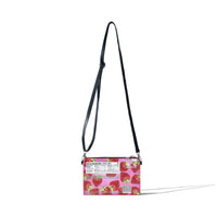 Back of 40s & Shorties Gummy Zip Pouch in Pink featuring faux nutrition label and strawberry print design