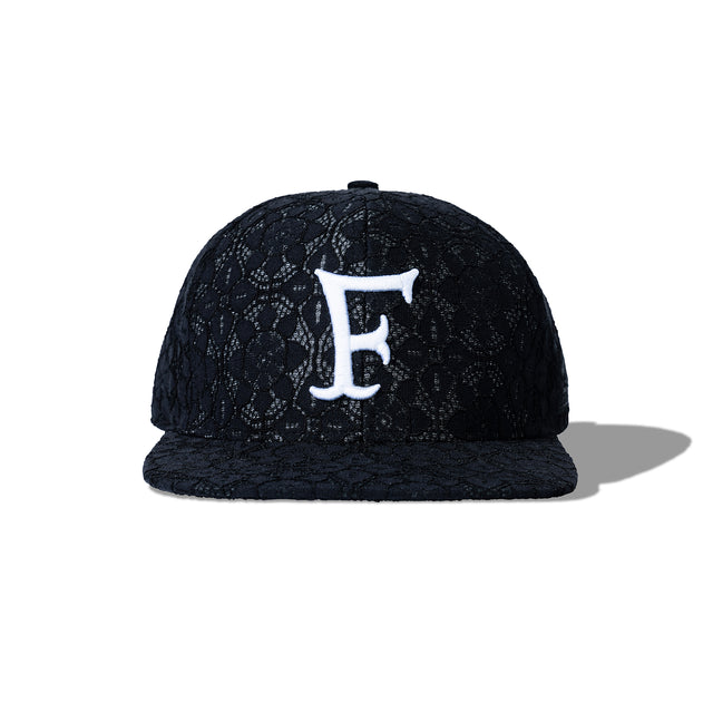 Crochet Snapback Black – front view with large embroidered “F”