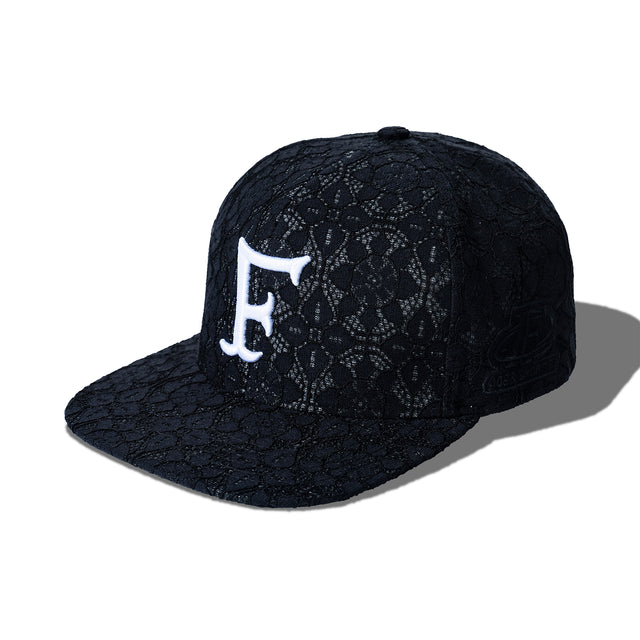 Crochet Snapback Black – angled side view showing lace texture and front embroidery