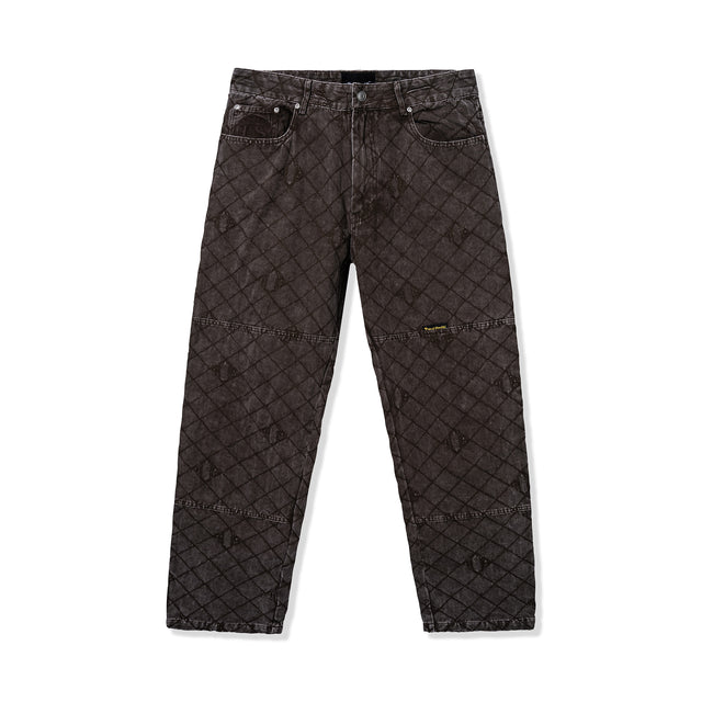 Front view of Foreman Carpenter Pants in Dark Brown with quilted logo pattern
