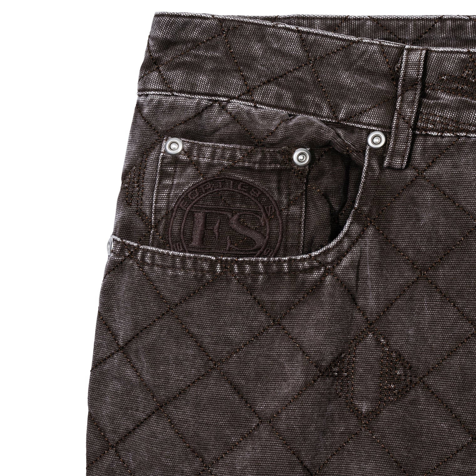 Detail of front pocket with tonal 40s & Shorties embroidery on Foreman Carpenter Pants
