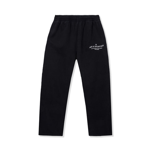 Wavy General Logo Sweatpants in Black featuring printed logo on left thigh and elastic waistband – front view
