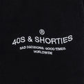 Close-up of 40s & Shorties “Bad Decisions, Good Times, Worldwide” printed logo on sweatpants
