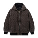 Front view of the Foreman Hooded Jacket in Dark Brown with quilted logo pattern
