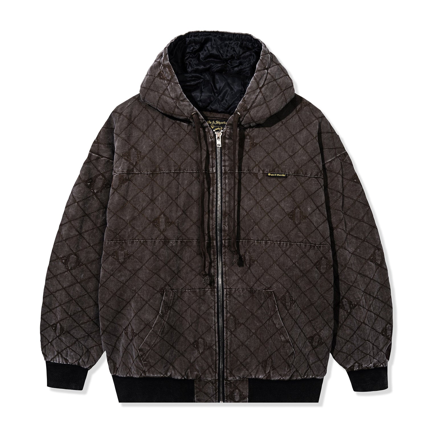 Front view of the Foreman Hooded Jacket in Dark Brown with quilted logo pattern
