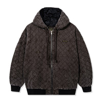Front view of the Foreman Hooded Jacket in Dark Brown with quilted logo pattern
