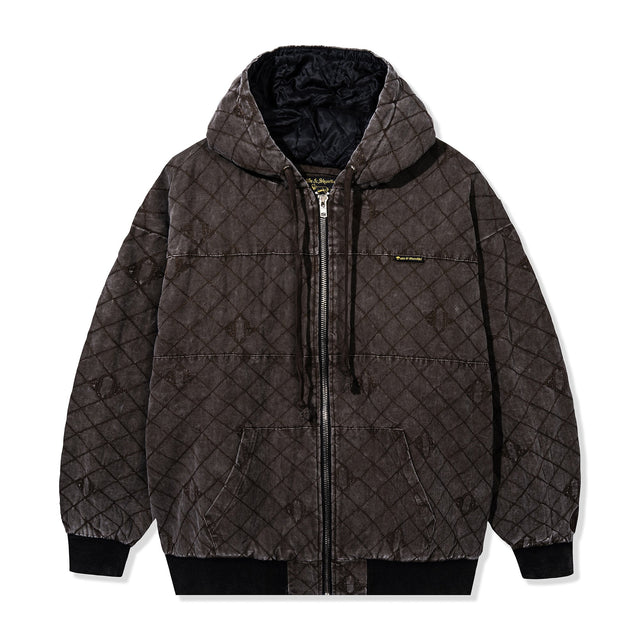 Front view of the Foreman Hooded Jacket in Dark Brown with quilted logo pattern

