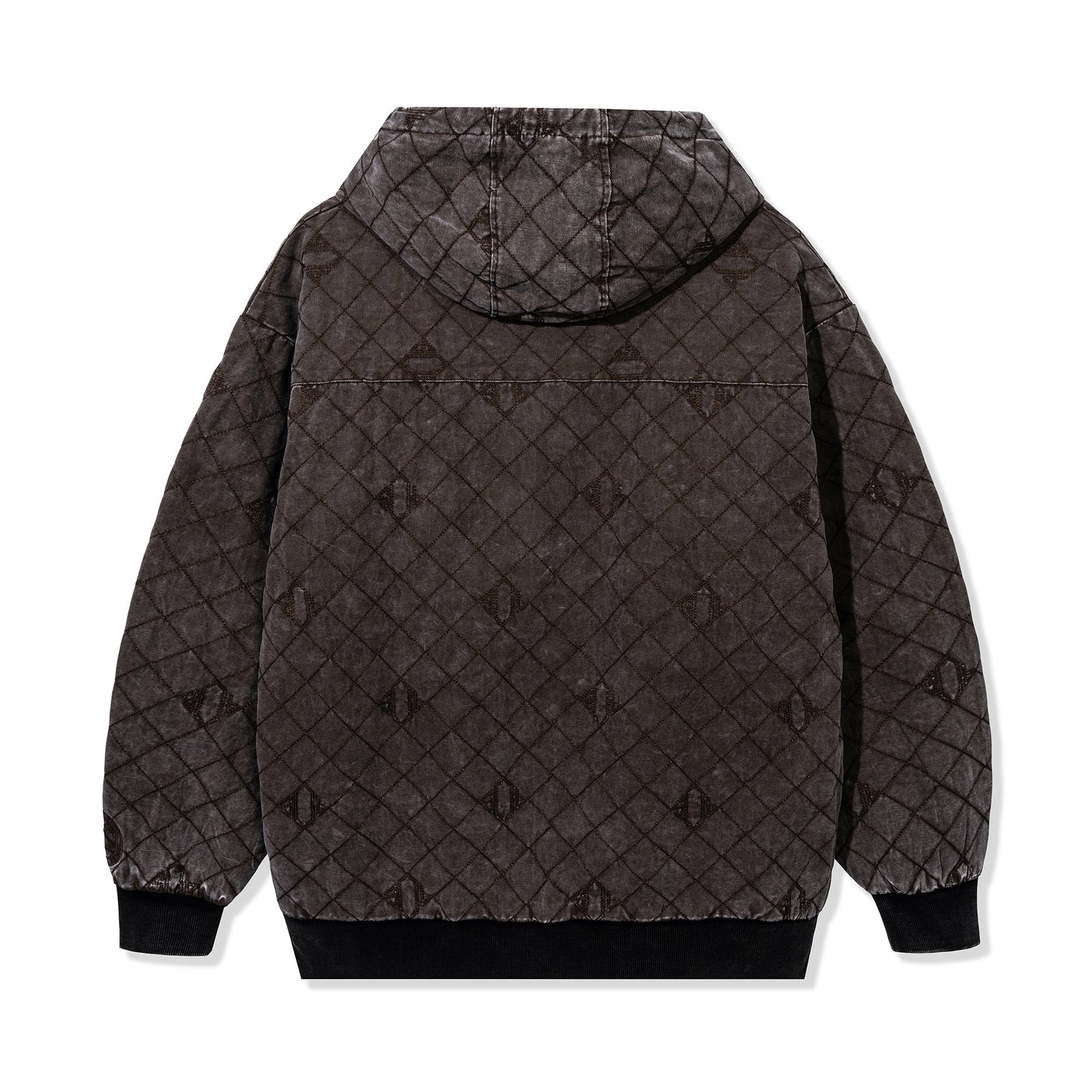 Back view of the Foreman Hooded Jacket in Dark Brown with all-over quilted grid and logo detailing