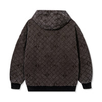 Back view of the Foreman Hooded Jacket in Dark Brown with all-over quilted grid and logo detailing