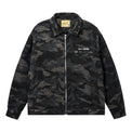 Front view of Wool Camo Jacket in Olive with zip closure and chest logo
