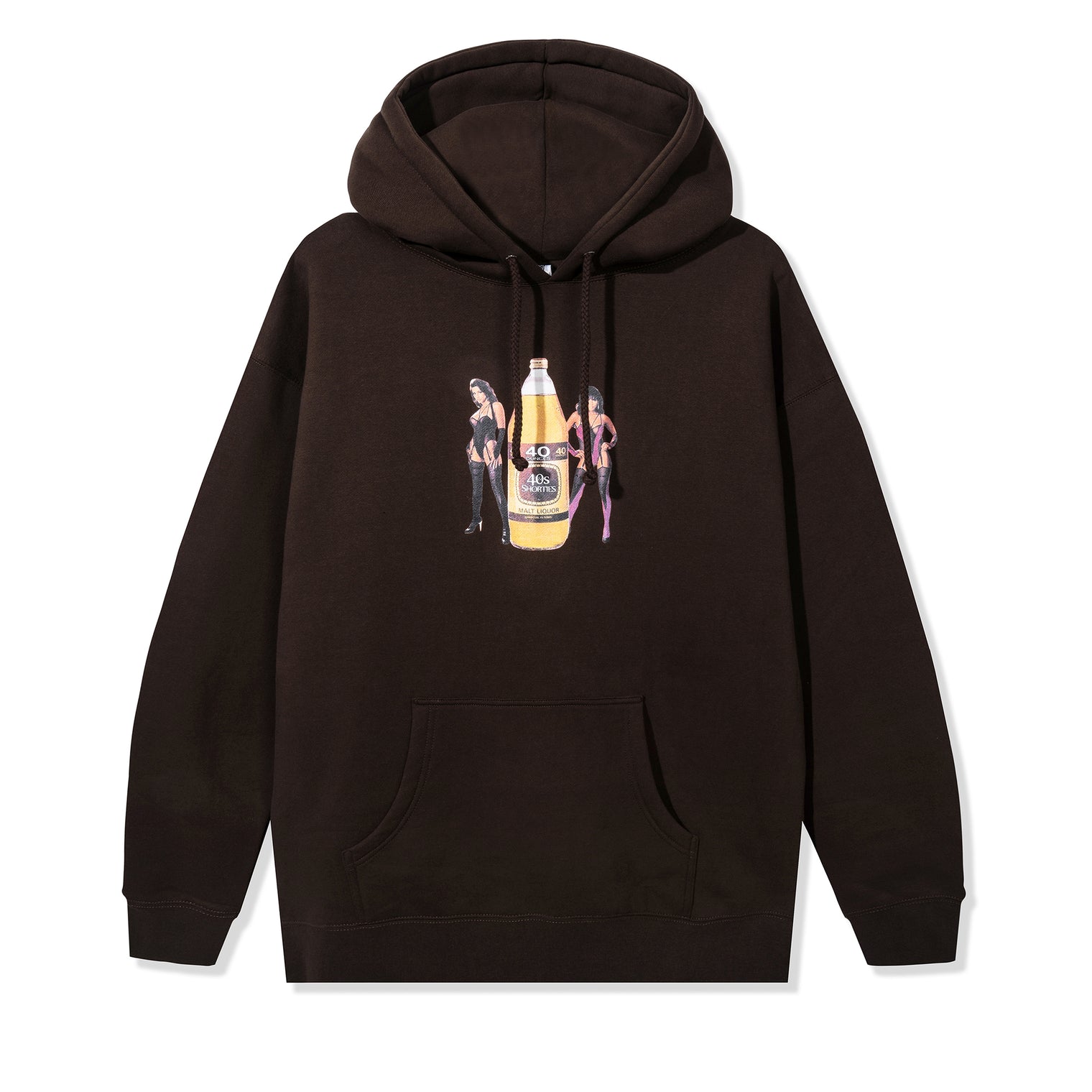 Brown hoodie featuring a center chest graphic of two women standing beside a 40oz bottle labeled "40s & Shorties".