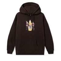 Brown hoodie featuring a center chest graphic of two women standing beside a 40oz bottle labeled "40s & Shorties".