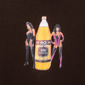 Close-up of the "40s & Shorties" malt liquor bottle graphic flanked by two women in lingerie on a brown hoodie.
