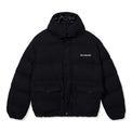 Front view of the black Premium Puffer Jacket with snap button closure and chest embroidery