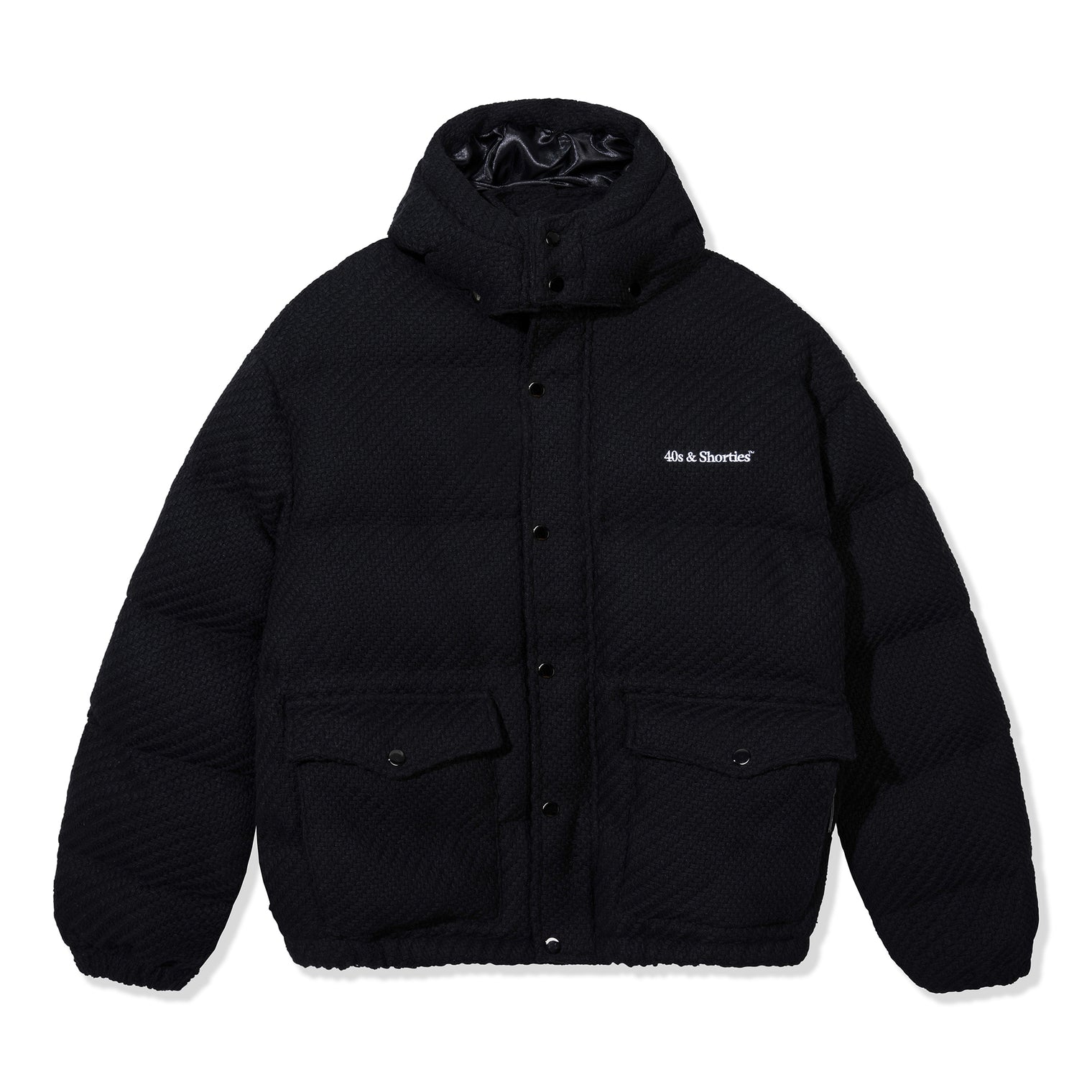 Front view of the black Premium Puffer Jacket with snap button closure and chest embroidery